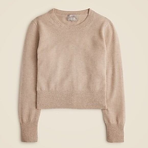 J. Crew Cashmere Cropped Crewneck Sweater Tan Ribbed Hem Long Sleeve Size L - Picture 1 of 6